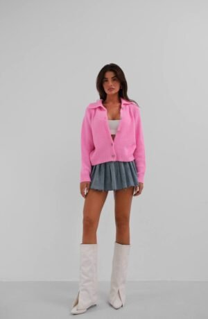 Alternative view of Πλεκτή Ζακέτα Ροζ με Διαμαντένια κουμπία