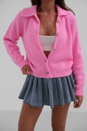 Πλεκτή Ζακέτα Ροζ με Διαμαντένια κουμπία
