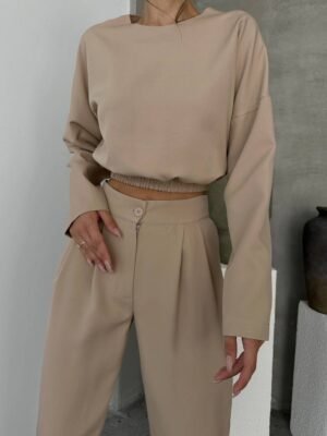 Μπέζ Σετ Γυναικείο Cigarette Παντελόνι