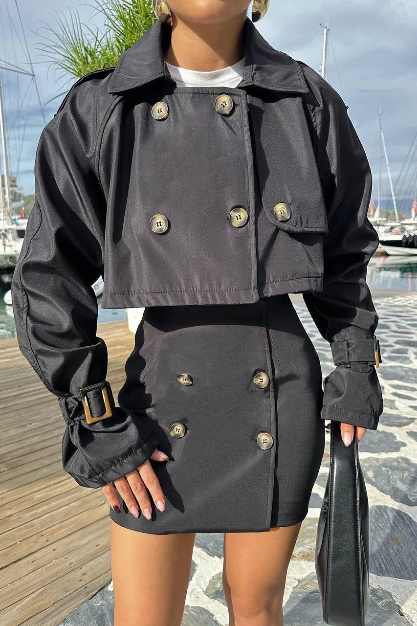 Cropped Black Trench Set - Image 5