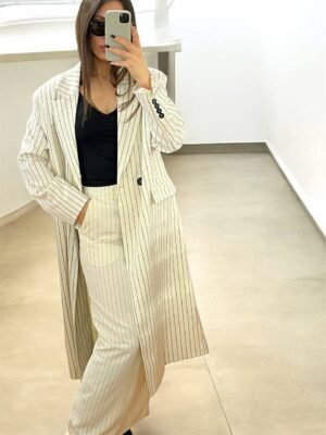 Μακρύ Ριγέ Oversized Σακάκι σε Εκρού