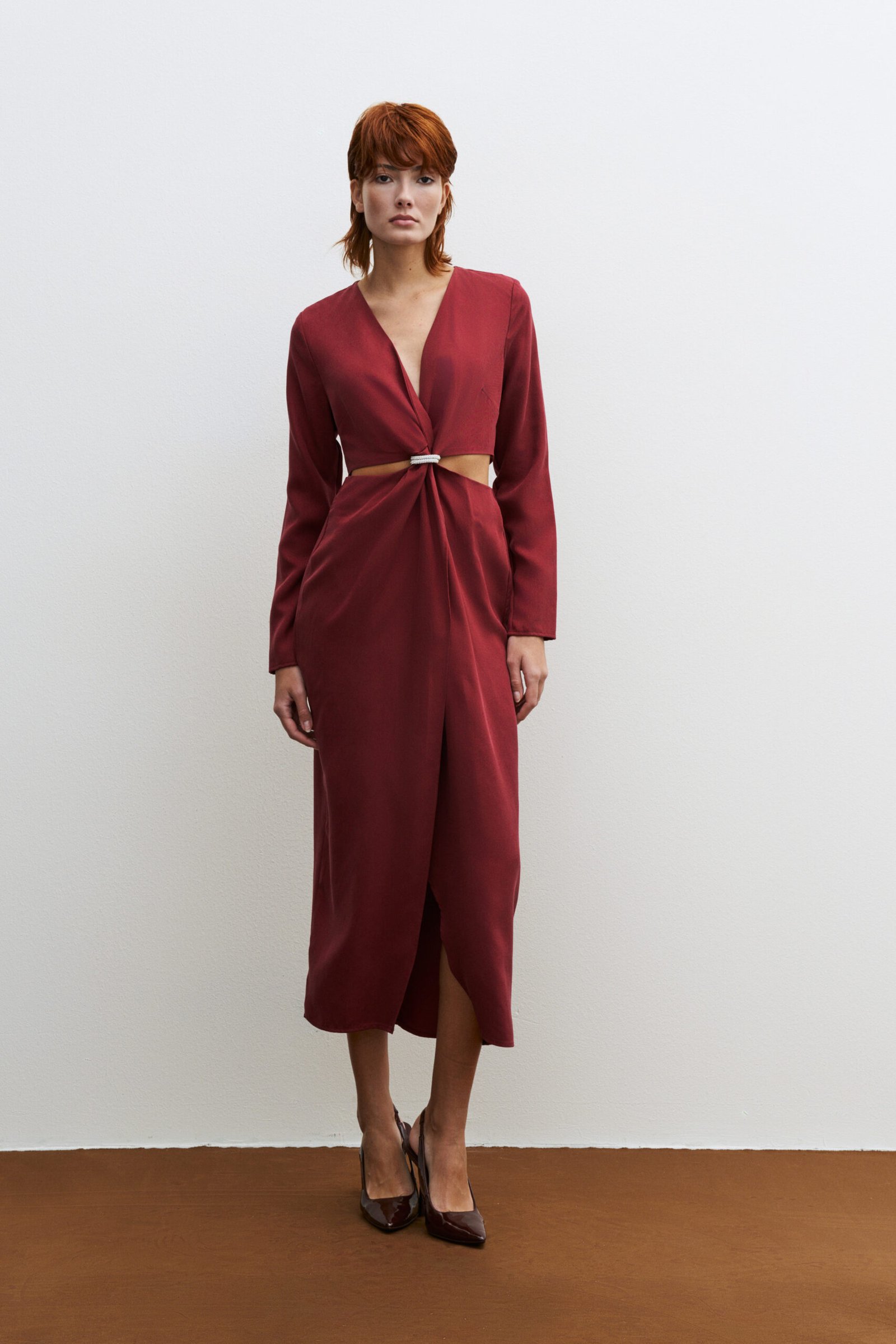 Long sleeve φόρεμα με V-λαιμό σκούρο κόκκινο - Image 3