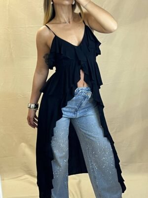 Ασύμμετρη Μπλούζα με Βολάν και Τιράντες