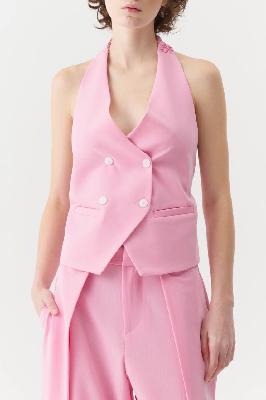 Γιλέκο με Ανοιχτή Πλάτη και Δέσιμο στον Αυχένα Ροζ - Image 4