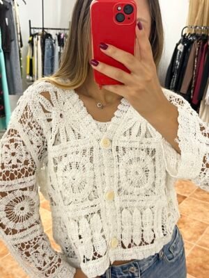 Λευκή Πλεκτή Ζακέτα με Κουμπιά – One Size