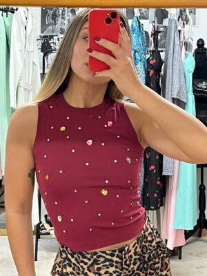 Μπορντό Αμάνικο Top με Πολύχρωμα Στρας