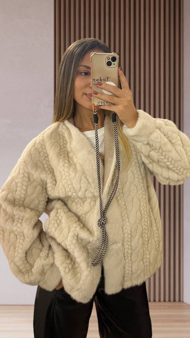 Μπεζ Faux Fur Πανωφόρι με Πλεκτο εφε