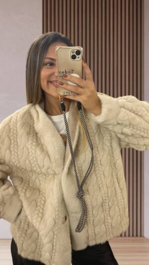 Alternative view of Μπεζ Faux Fur Πανωφόρι με Πλεκτο εφε