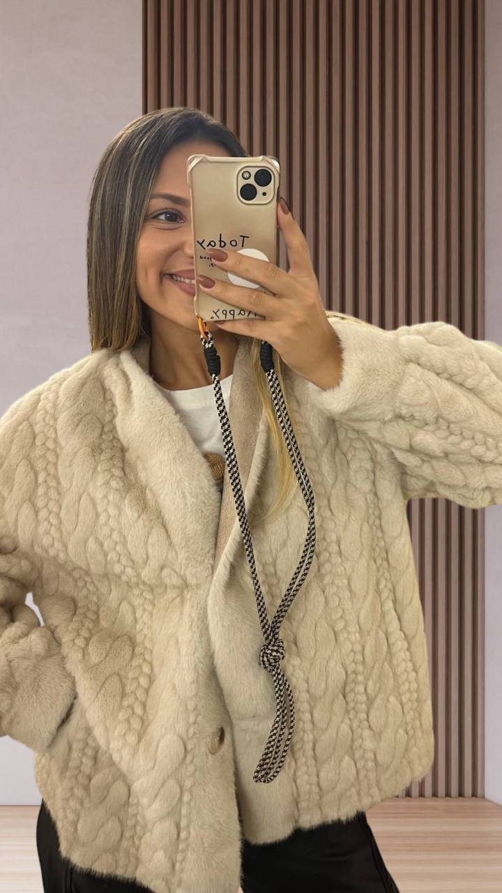 Μπεζ Faux Fur Πανωφόρι με Πλεκτο εφε - Image 2
