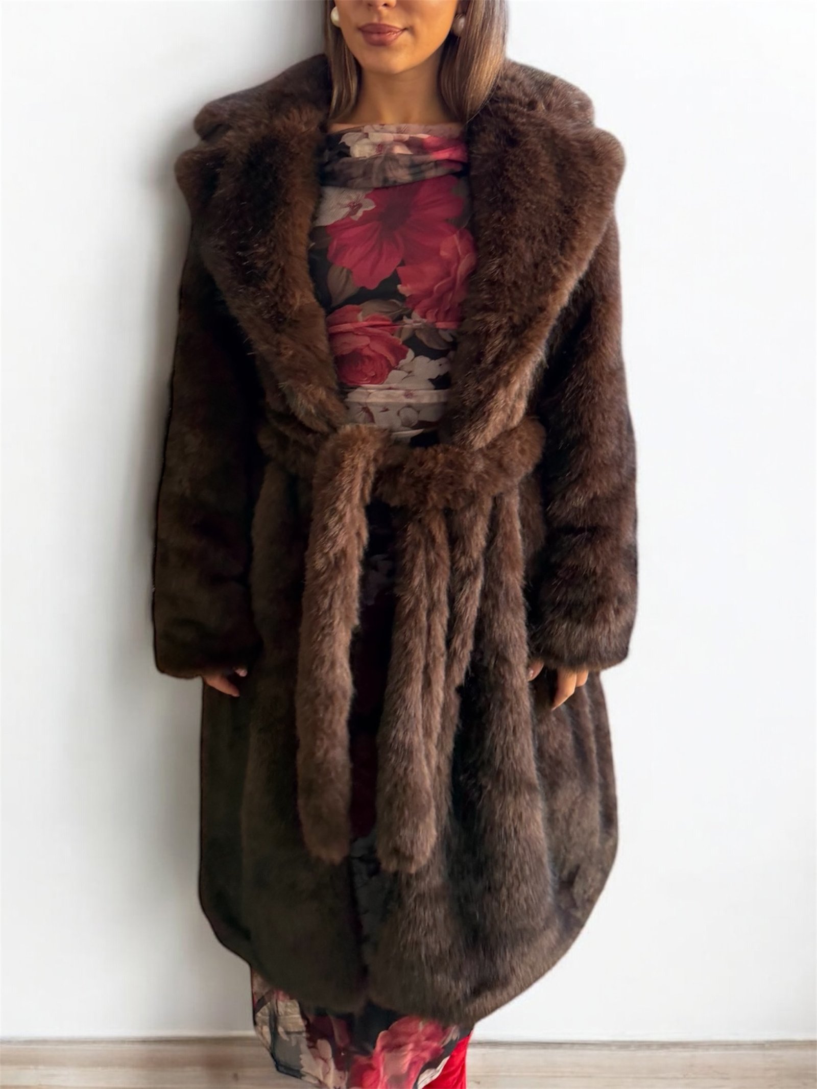 Eco Γούνα με ζώνη Maxi Dark Brown - Image 4