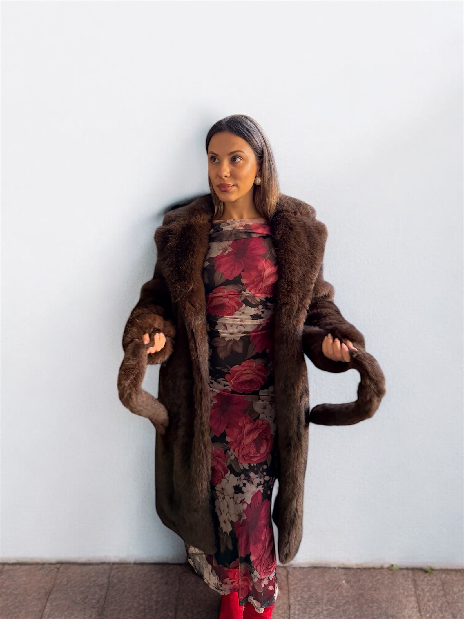 Eco Γούνα με ζώνη Maxi Dark Brown - Image 3