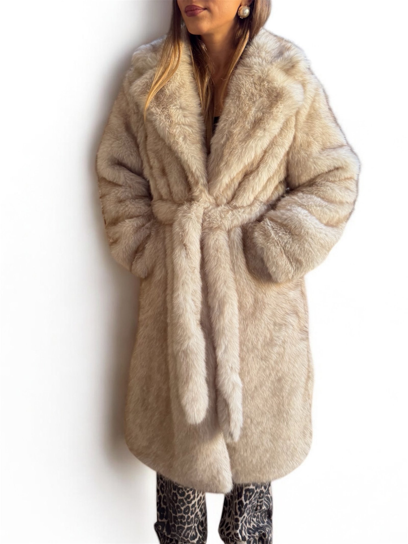 Eco Γούνα με ζώνη Maxi Crème - Image 5