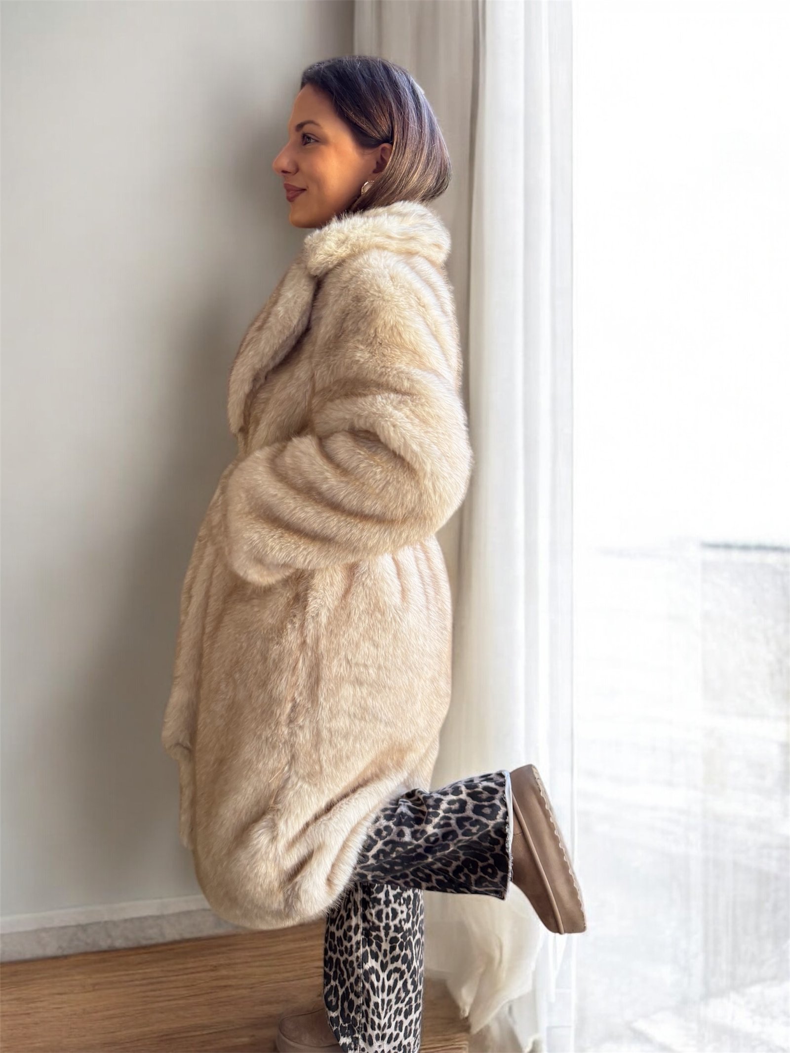 Eco Γούνα με ζώνη Maxi Crème - Image 3