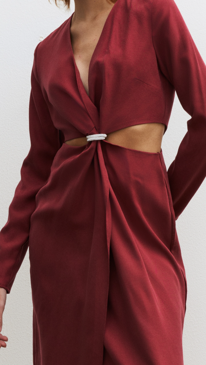 Long sleeve φόρεμα με V-λαιμό σκούρο κόκκινο