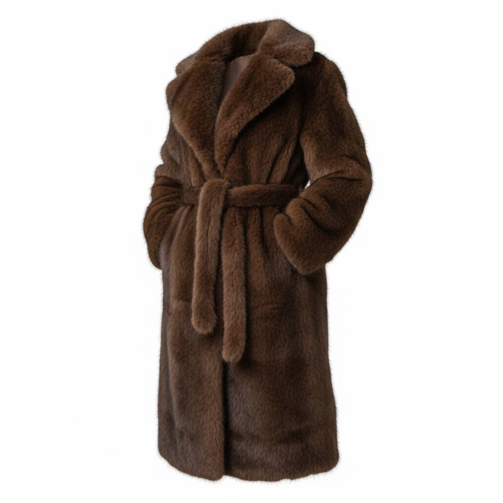 Eco Γούνα με ζώνη Maxi Dark Brown