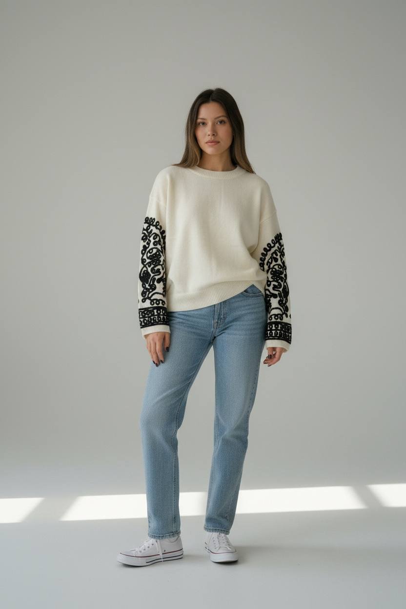 Γυναικείο Πουλόβερ με Διακοσμητικά Κεντήματα στα Μανίκια