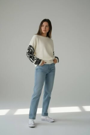 Alternative view of Γυναικείο Πουλόβερ με Διακοσμητικά Κεντήματα στα Μανίκια